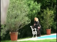 Dude spies on girl fellatio and riding shaft in the garden