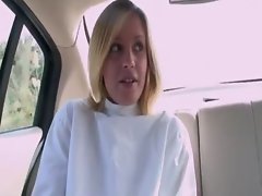 Blond cutie on the loose wearing straitjacket nailed outdoor