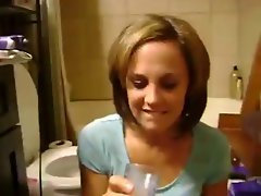 young lady drinks cum and gets huge facial at same time