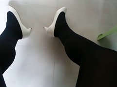 White Patent Pumps with Black Pantyhose Teaser