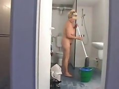 Attractive mature Cute bbw Cleaning Lady Does Two Chaps in the Men's Room